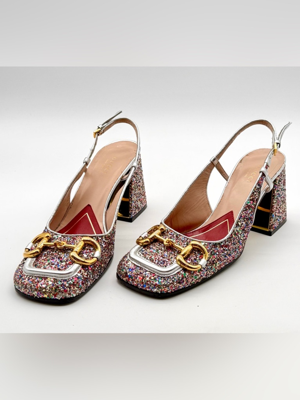 Gucci Baby Horsebit Multicolor Glittered Leather Slingback Block Heel Pumps EU38 - Picture 13 of 14